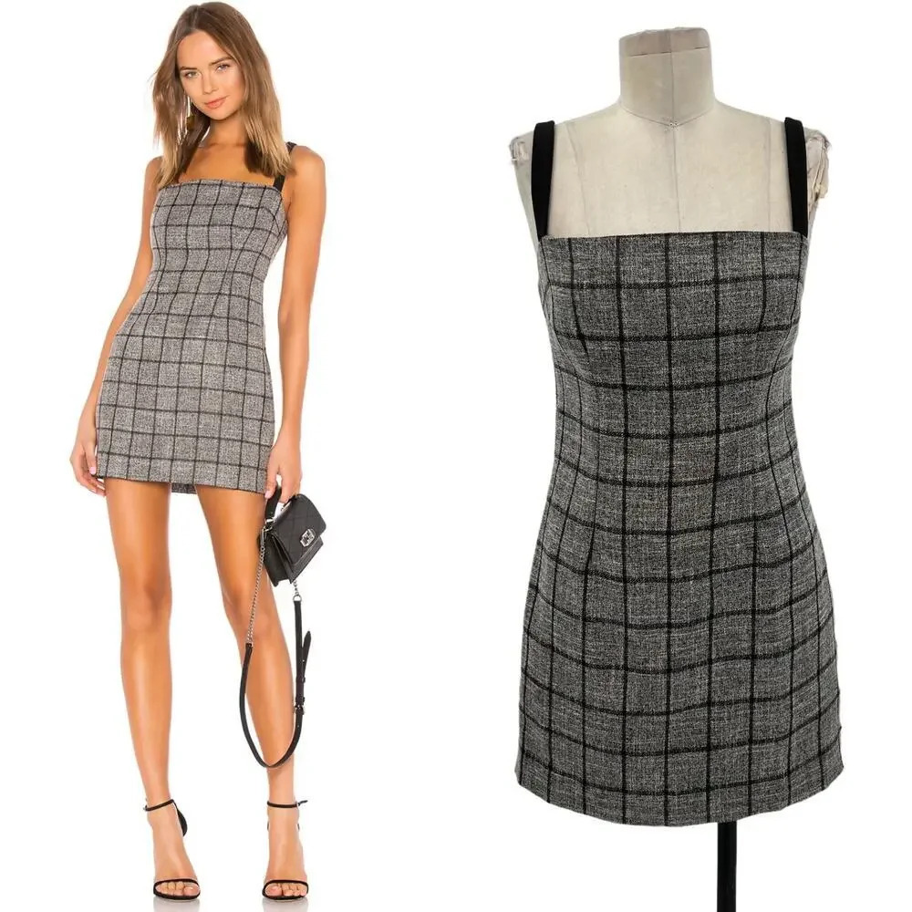 NBD Bynes Mini Dress Gray Black Plaid Sleeveless Size Small